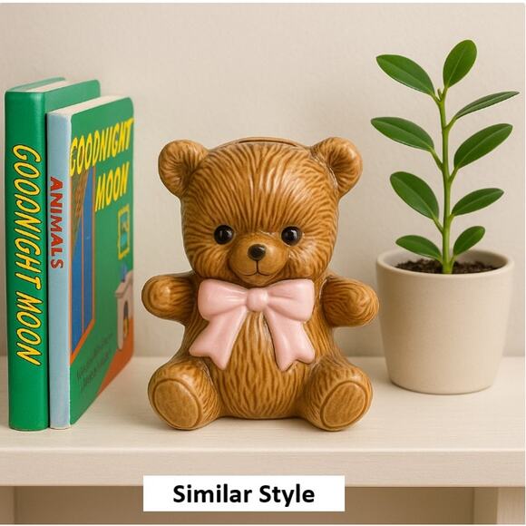 Vintage 80s Ceramic Teddy Bear Coin Bank Pink Bow 6" Nursery Decor - Picture 5 of 5